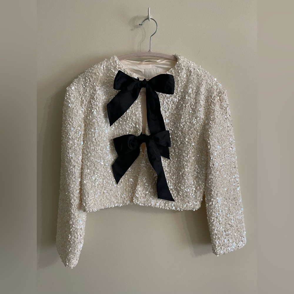 H&M Limited Edition Bow Front Sequin Jacket Cream White black ribbon tie Small